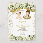 Floral Baptism Fiesta Twin Invitation Kaart (Voorkant / Achterkant)