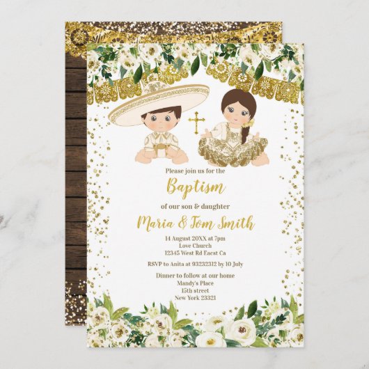 Floral Baptism Fiesta Twin Invitation Kaart (Voorkant / Achterkant)