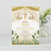 Floral Baptism Fiesta Twin Invitation Kaart (Staand voorkant)