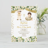 Floral Baptism Fiesta Twin Invitation Kaart (Staand voorkant)