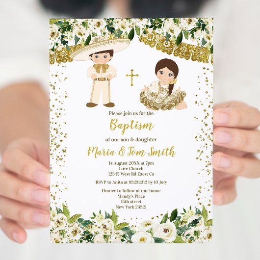 Floral Baptism Fiesta Twin Invitation Kaart