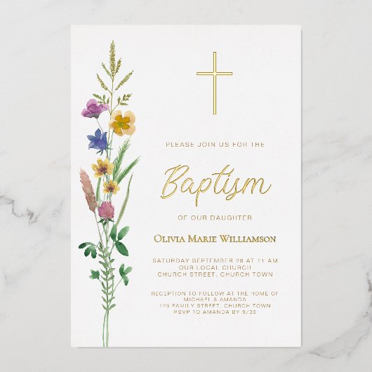 Floral Baptism Folie Uitnodiging (Voorkant)