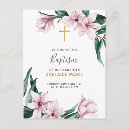 Floral Baptism Gold en roze Magnolias Briefkaart