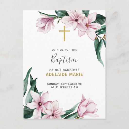 Floral Baptism Gold en roze Magnolias Briefkaart (Voorkant)