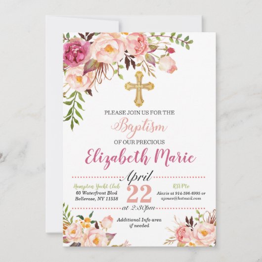 Floral Baptism Invitation - Girl Kaart (Voorkant)