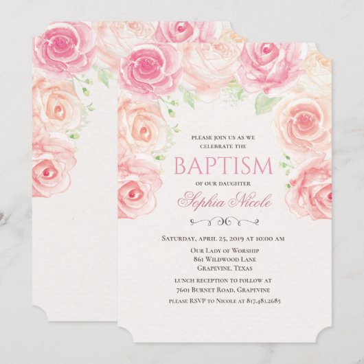 Floral Baptism Invitation Kaart (Voorkant / Achterkant)