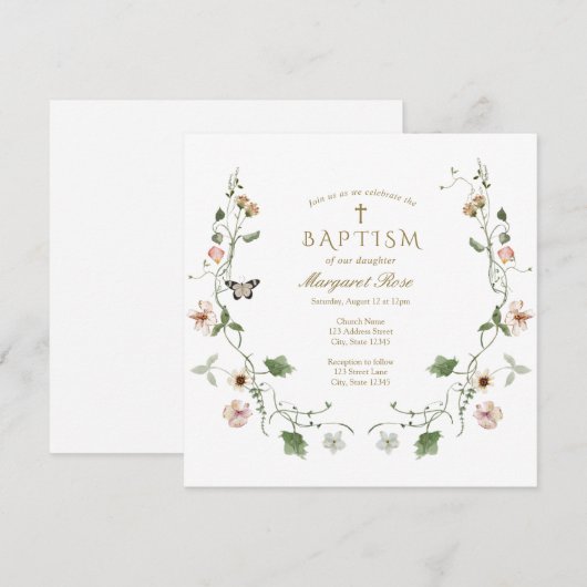 Floral Baptism Invitation Kaart (Voorkant / Achterkant)