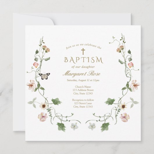 Floral Baptism Invitation Kaart (Voorkant)