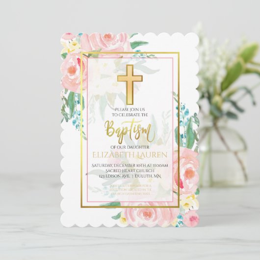 Floral Baptism Invitation Kaart (Staand voorkant)