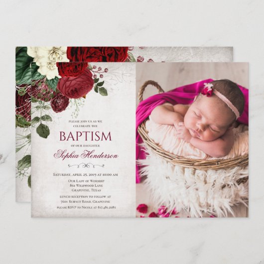Floral Baptism Photo Invitation Kaart (Voorkant / Achterkant)