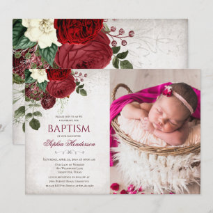 Floral Baptism Photo Invitation Kaart