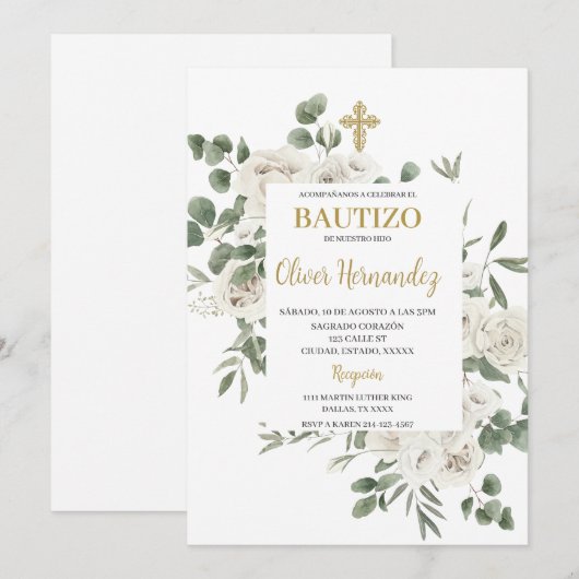 Floral Baptism Spaanse uitnodiging (Voorkant / Achterkant)