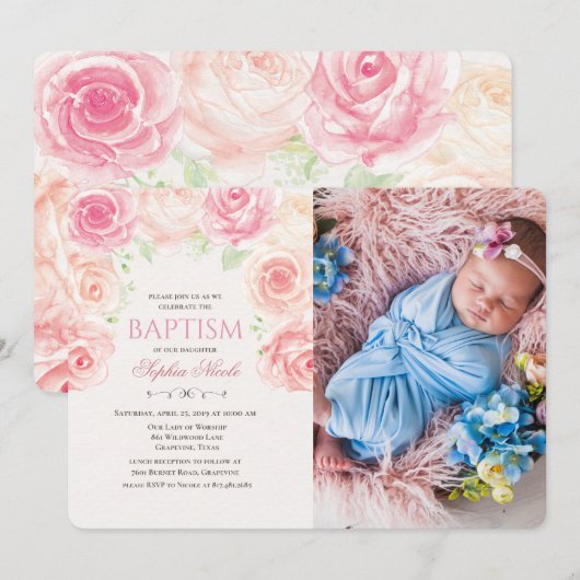 Floral Baptism Waterverf Fotouitnodiging Kaart (Voorkant / Achterkant)