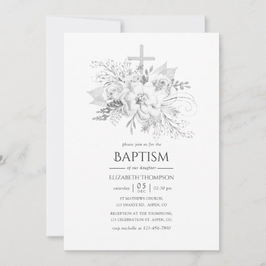  Floral Baptisme wit en zilver Kaart (Voorkant)