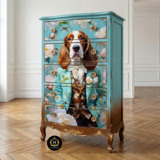 Floral Basset Hound in Blauwgroen Suit Decoupage Tissuepapier