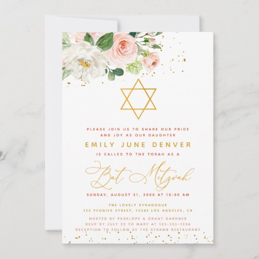 Floral Bat Mitzvah (roze en goudkleurige Waterverf Kaart (Voorkant)