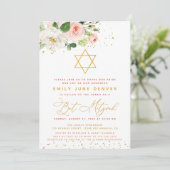 Floral Bat Mitzvah (roze en goudkleurige Waterverf Kaart (Staand voorkant)