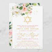 Floral Bat Mitzvah (roze en goudkleurige Waterverf Kaart (Voorkant / Achterkant)