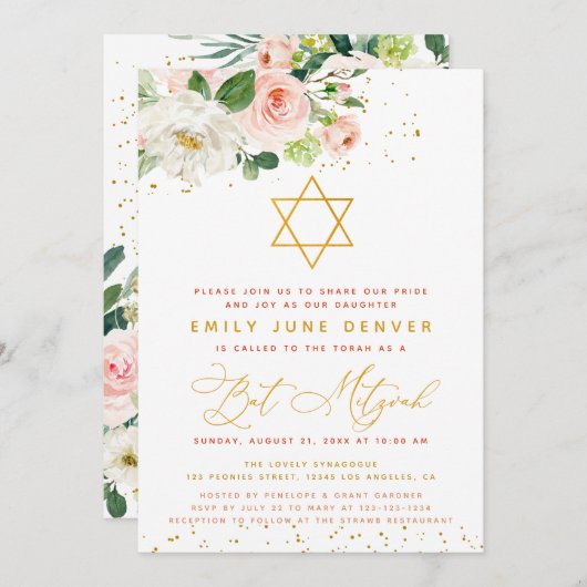 Floral Bat Mitzvah (roze en goudkleurige Waterverf Kaart (Voorkant / Achterkant)
