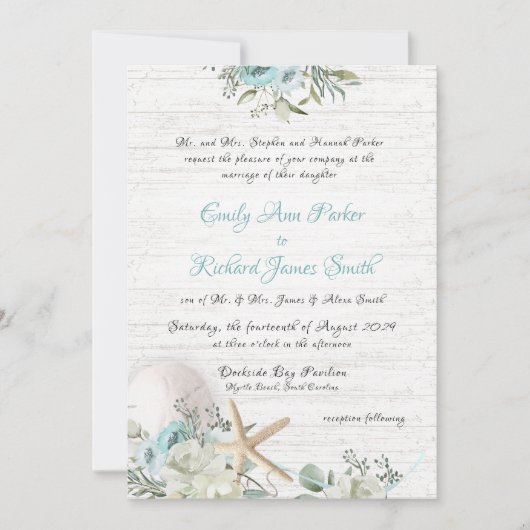 Floral Beach Driftwood bruiloft Kaart (Voorkant)