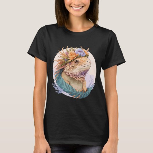 Floral Bearded Dragon Waterverf Flower Crown Repo T-shirt (Voorkant)