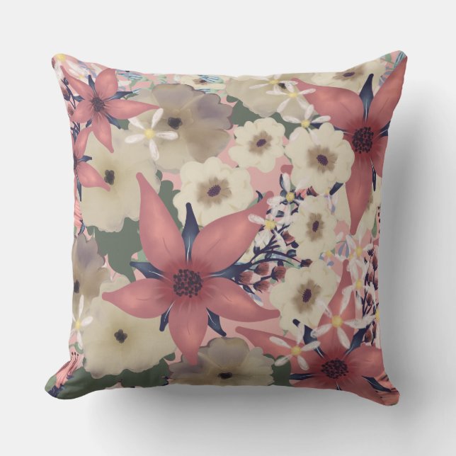 Floral Beauty | Koraalroze en zeevloeren Buitenkussen (Voorkant)