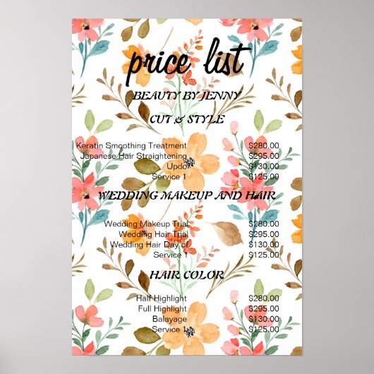 Floral Beauty Salon Prijslijst – Waterverf Poster (Voorkant)