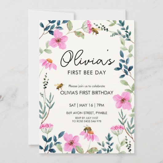 Floral Bee eerste verjaardag Kaart (Voorkant)