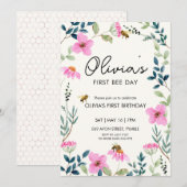 Floral Bee eerste verjaardag Kaart (Voorkant / Achterkant)