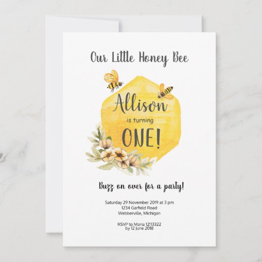 Floral Bee First Birthday Invitation Kaart (Voorkant)