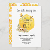 Floral Bee First Birthday Invitation Kaart (Voorkant / Achterkant)