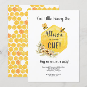 Floral Bee First Birthday Invitation Kaart