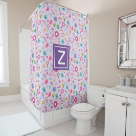 Floral Bee Pattern Paarse Monogram Kinder Douchegordijn