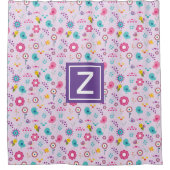 Floral Bee Pattern Paarse Monogram Kinder Douchegordijn (Voorkant)