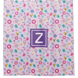 Floral Bee Pattern Paarse Monogram Kinder Douchegordijn