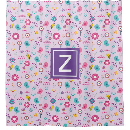 Floral Bee Pattern Paarse Monogram Kinder Douchegordijn (Voorkant)