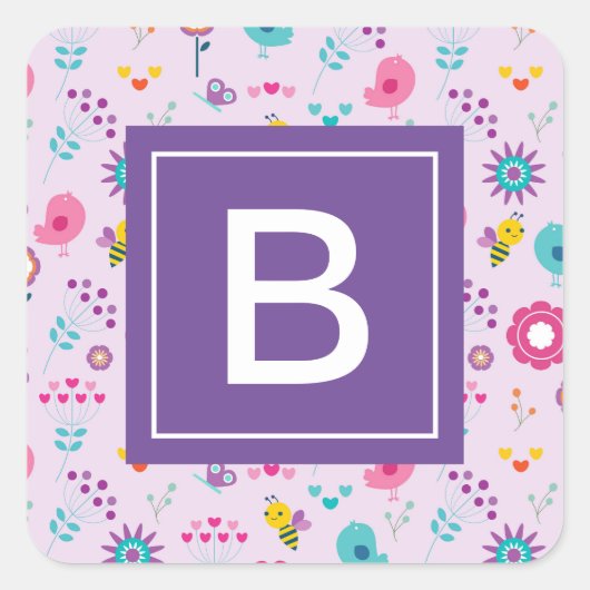 Floral Bee Pattern Paarse Monogram Kinder Vierkante Sticker (Voorkant)