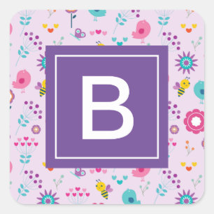 Floral Bee Pattern Paarse Monogram Kinder Vierkante Sticker
