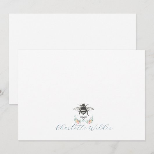 Floral Bee Script Name Notitiekaartje (Voorkant / Achterkant)