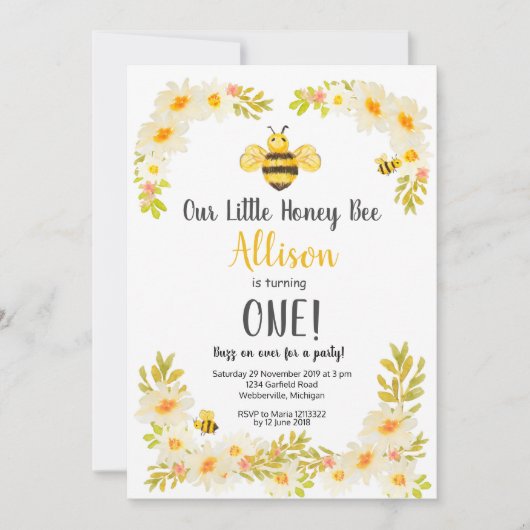 Floral Bee Verjaardag Uitnodiging (Voorkant)