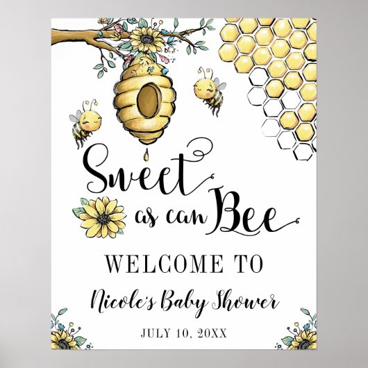 Floral Beehive Honey Sweet Bee Baby shower Welkom Poster (Voorkant)