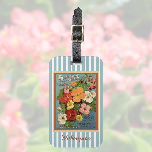 Floral Begonias Pink 1902 Seed Packet Blue Stripes Bagagelabel