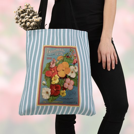 Floral Begonias Pink 1902 Seed Packet Blue Stripes Tote Bag