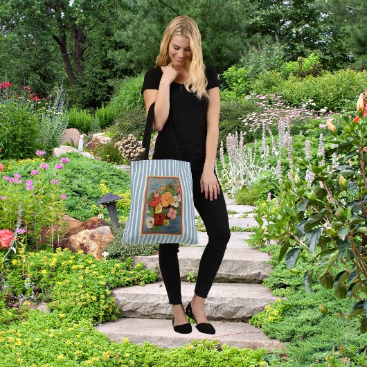 Floral Begonias Pink 1902 Seed Packet Blue Stripes Tote Bag