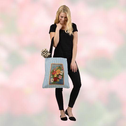 Floral Begonias Pink 1902 Seed Packet Blue Stripes Tote Bag
