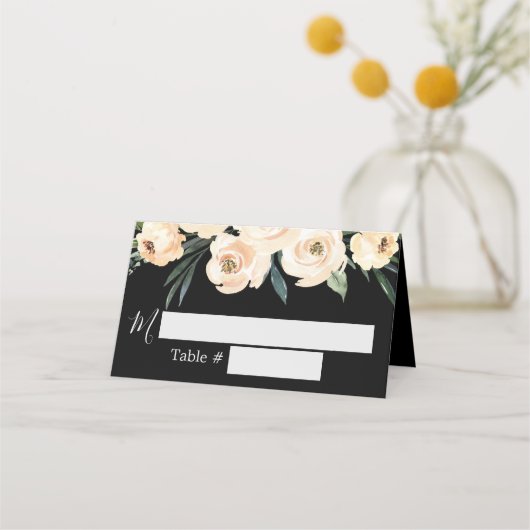 Floral Beige Black Wedding Place Card Plaatskaartje (Voorkant)