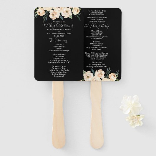 Floral Beige Blush Black Wedding Programme Handwaaier (Voorkant en achterkant)