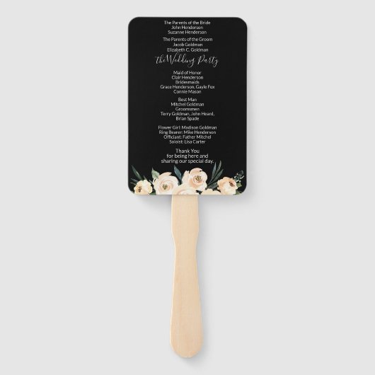 Floral Beige Blush Black Wedding Programme Handwaaier (Achterkant)