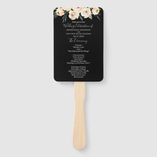 Floral Beige Blush Black Wedding Programme Handwaaier (Voorkant)
