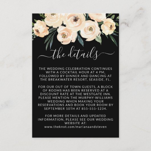 Floral Beige Blush Gold op Black Wedding Details Informatiekaartje (Voorkant)